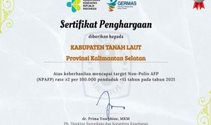 Bebas Polio, Pemkab Tala dapat  Penghargaan Daerah